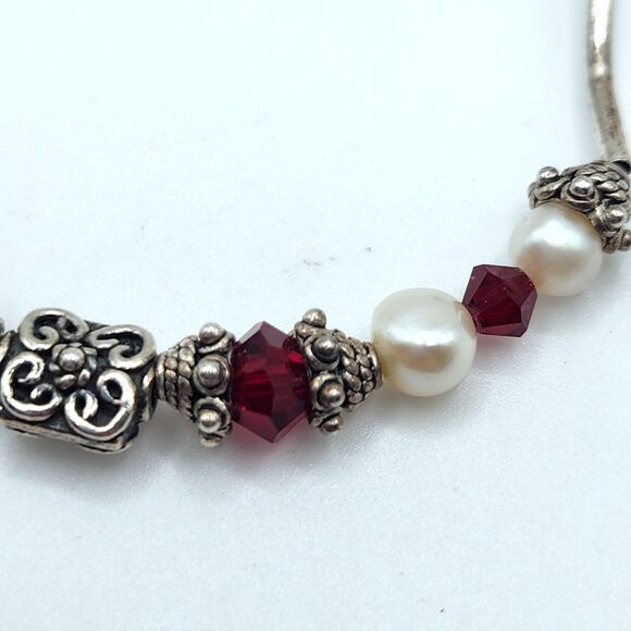 Y2K Vintage 925 Women's Bracelet 6.25"Minimalist Classic Genuine Pearl Ruby Bead - Picture 2 of 8